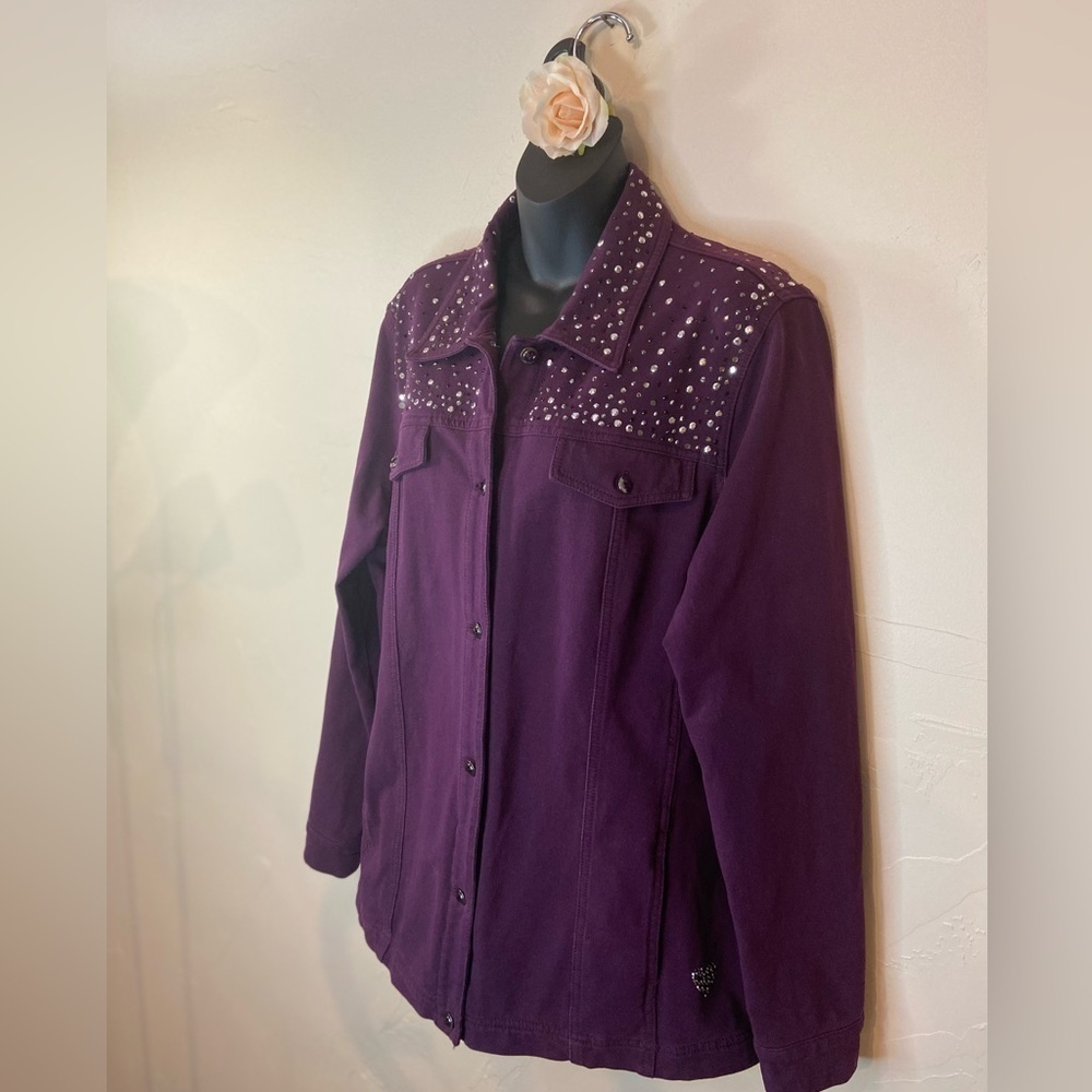 Quaker Factory~Pretty Purple Rhinestone Bedazzled Jacket~Pockets~Stretchy~Size L